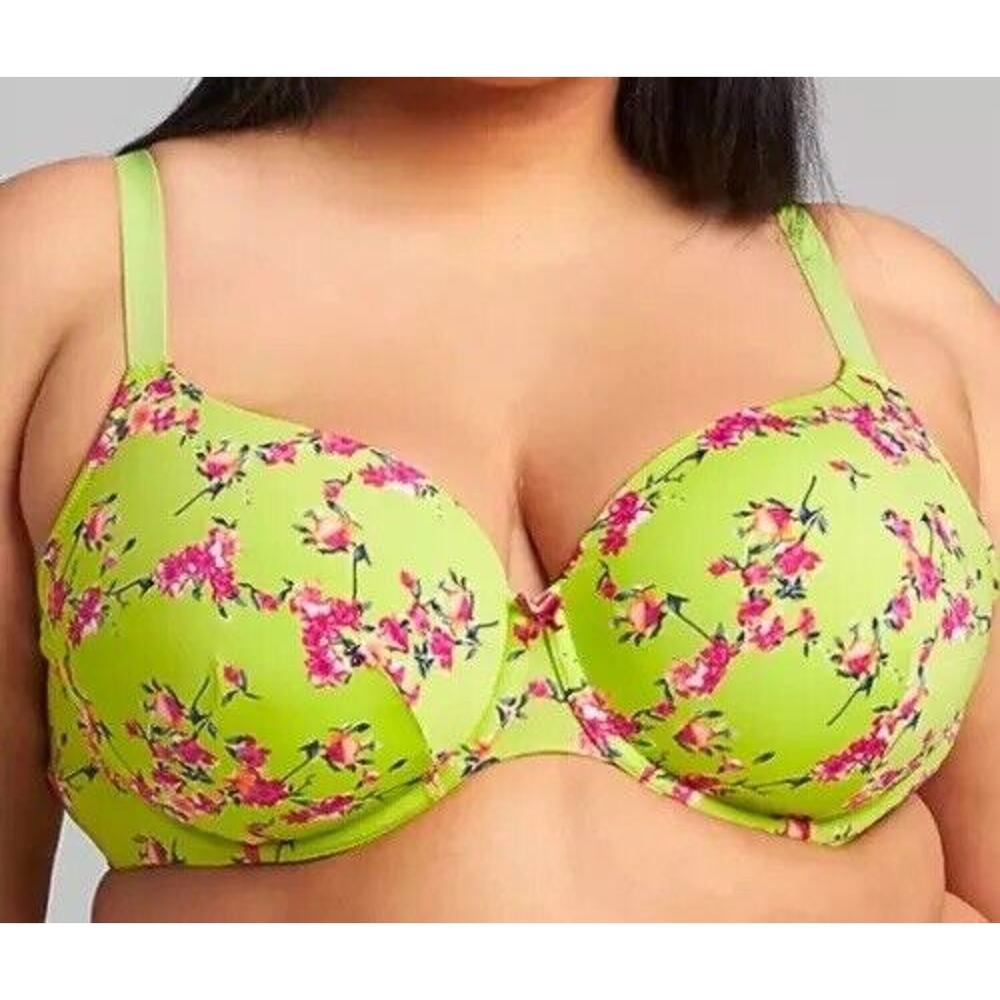 Cacique So Light T-Shirt Bra Women’s Size 44F Wild Lime Floral Underwire Lined